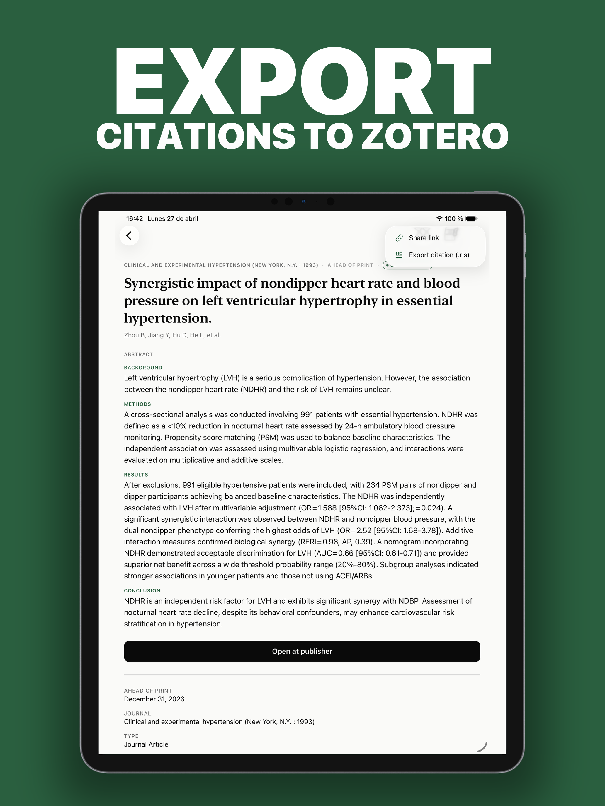 Folio iPad Screenshot — Export to Zotero