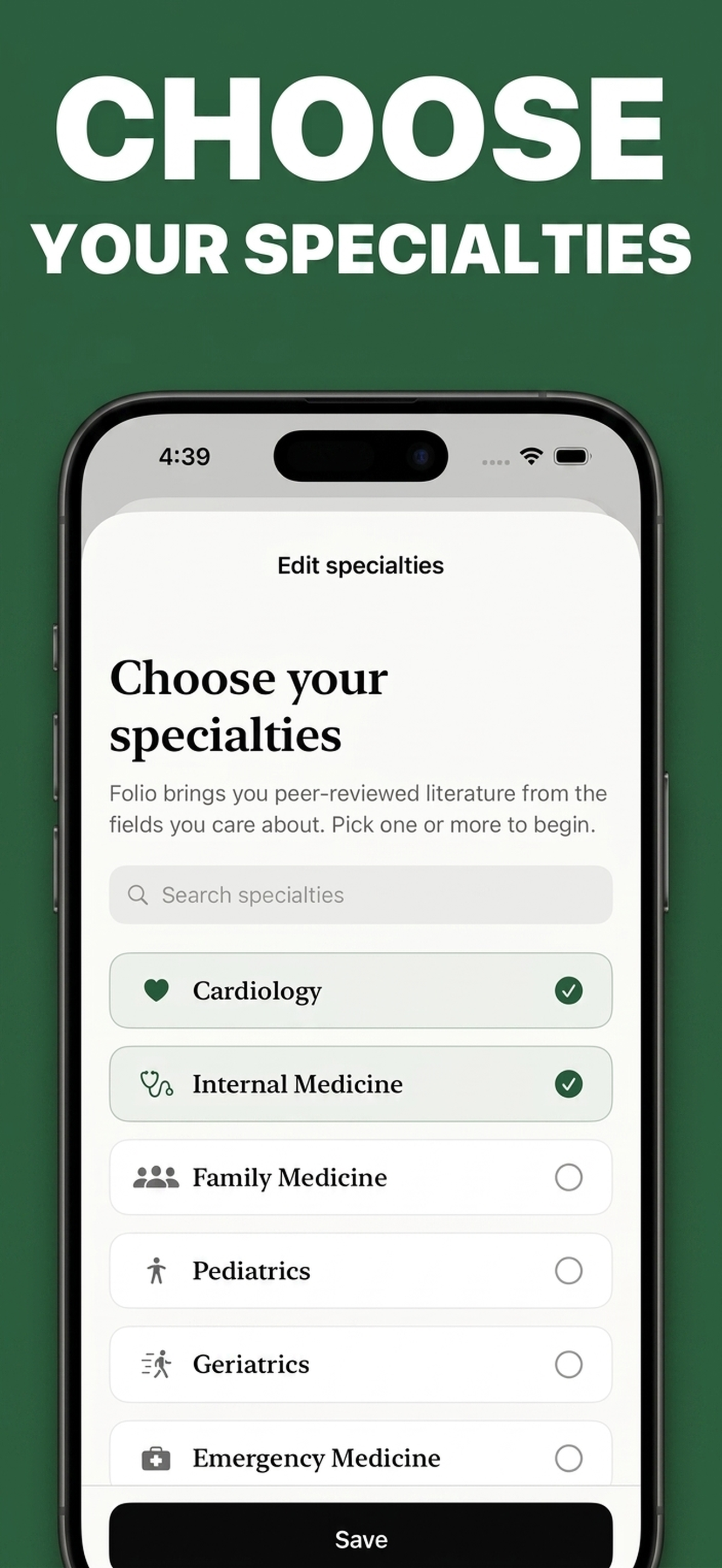Folio Screenshot — Choose your specialties